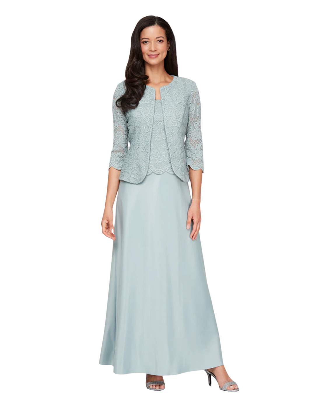ALEX EVENING  Glitter Lace & Satin Jacket Dress with Open Jacket