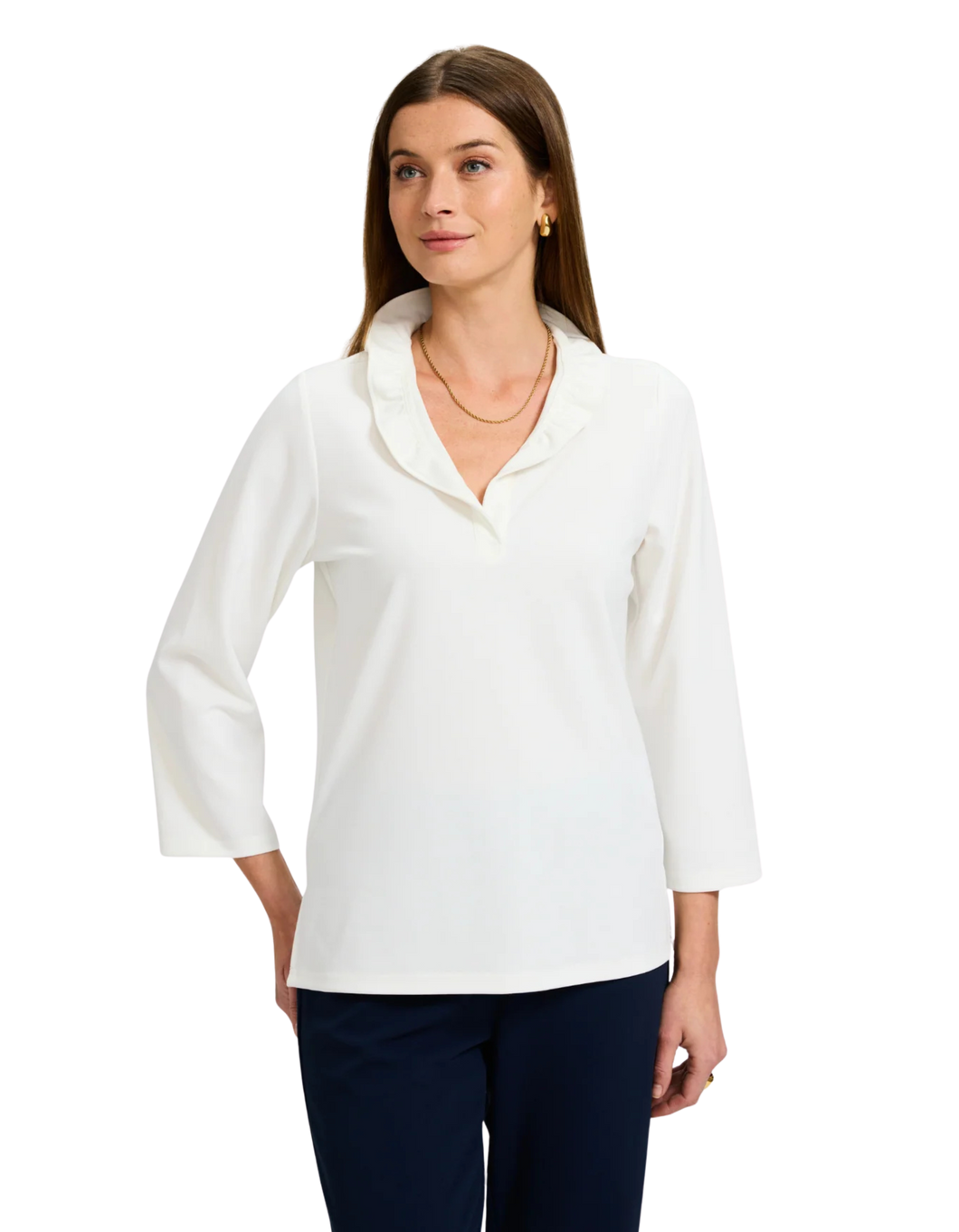 FOXCROFT Tammy Knit Crepe 3/4 Sleeve Popover Shirt